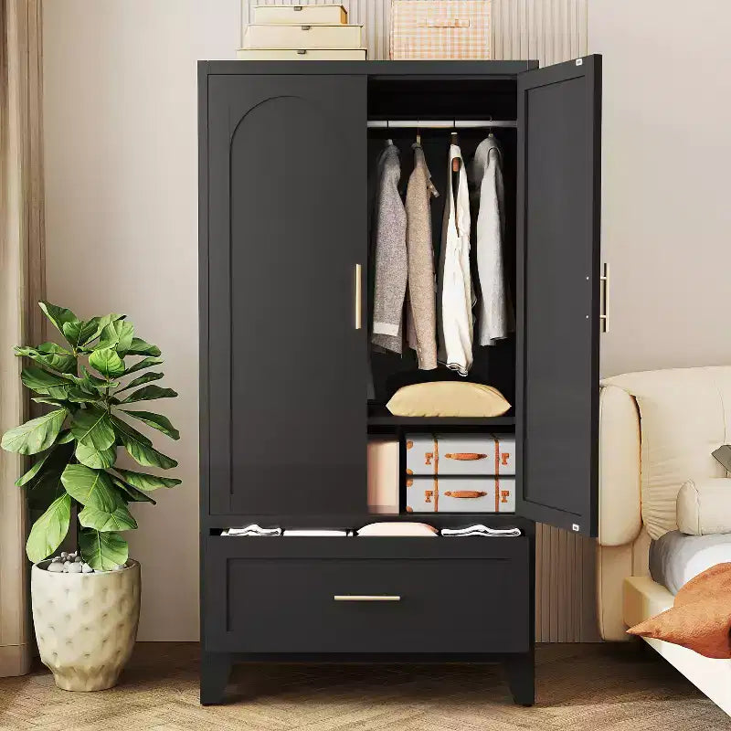 JVNOXK 60 Tall Metal Wardrobe Cabinet with 1 Drawer and Hanging Rod, 2 Doors Wardrobe Closet with Shelf for Bedroom, Office,Black