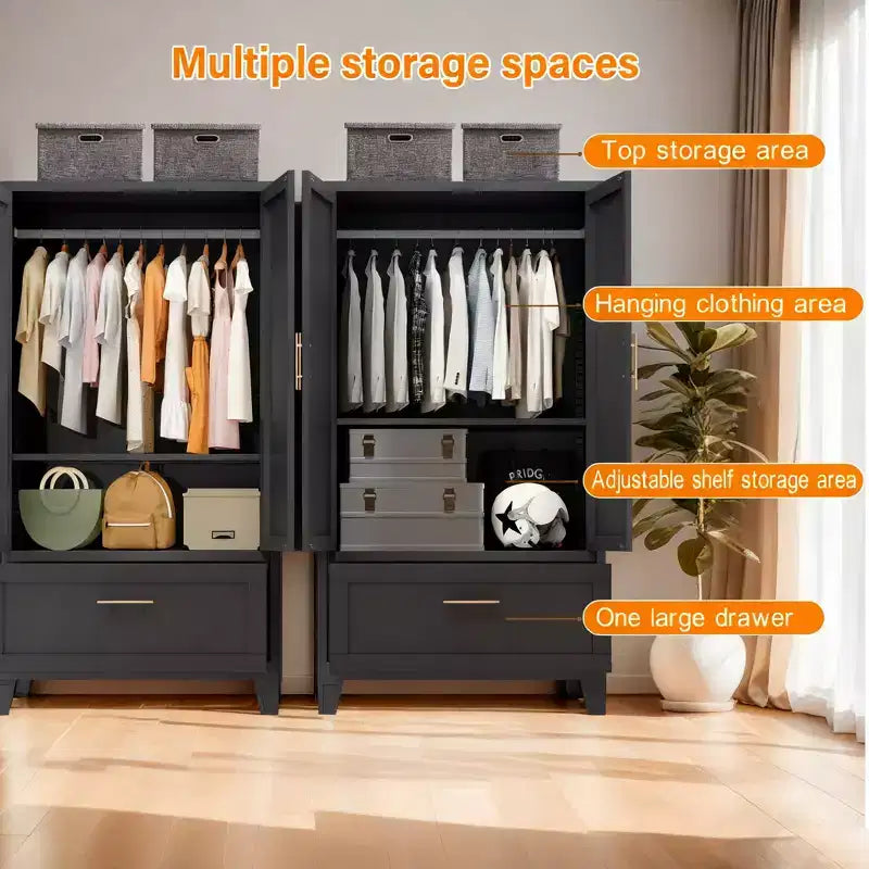 JVNOXK 60 Tall Metal Wardrobe Cabinet with 1 Drawer and Hanging Rod, 2 Doors Wardrobe Closet with Shelf for Bedroom, Office,Black