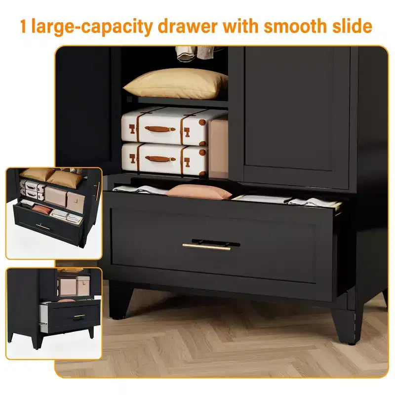 JVNOXK 60 Tall Metal Wardrobe Cabinet with 1 Drawer and Hanging Rod, 2 Doors Wardrobe Closet with Shelf for Bedroom, Office,Black