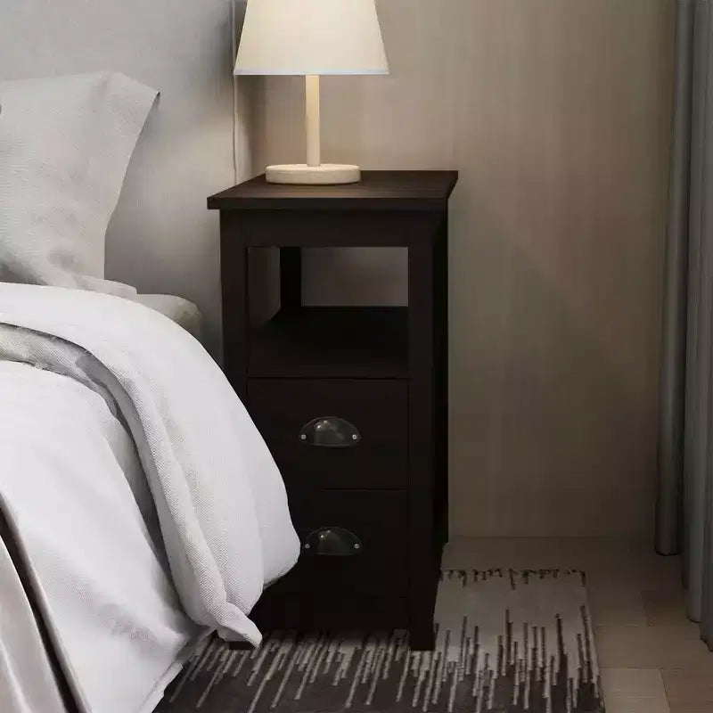 MAYEERTY Narrow End Table Nightstand, Double Drawers & Open Storage Shelf, Brown