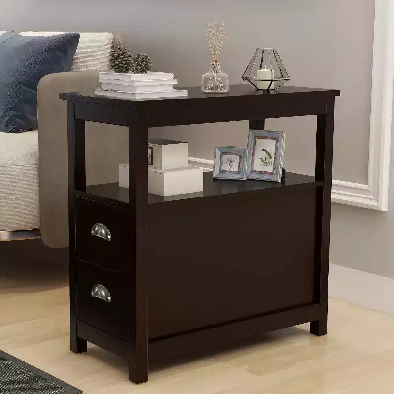MAYEERTY Narrow End Table Nightstand, Double Drawers & Open Storage Shelf, Brown