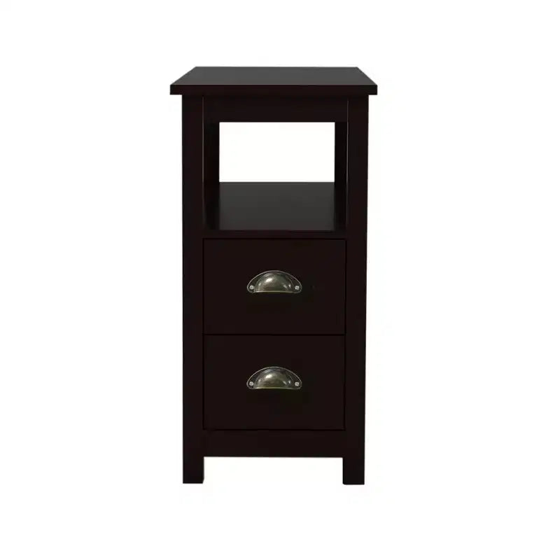 MAYEERTY Narrow End Table Nightstand, Double Drawers & Open Storage Shelf, Brown