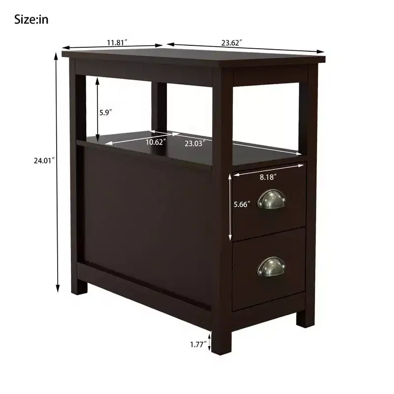 MAYEERTY Narrow End Table Nightstand, Double Drawers & Open Storage Shelf, Brown
