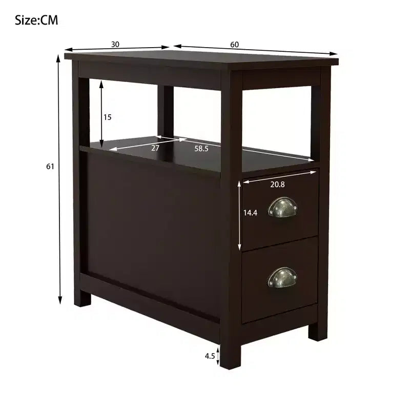 MAYEERTY Narrow End Table Nightstand, Double Drawers & Open Storage Shelf, Brown
