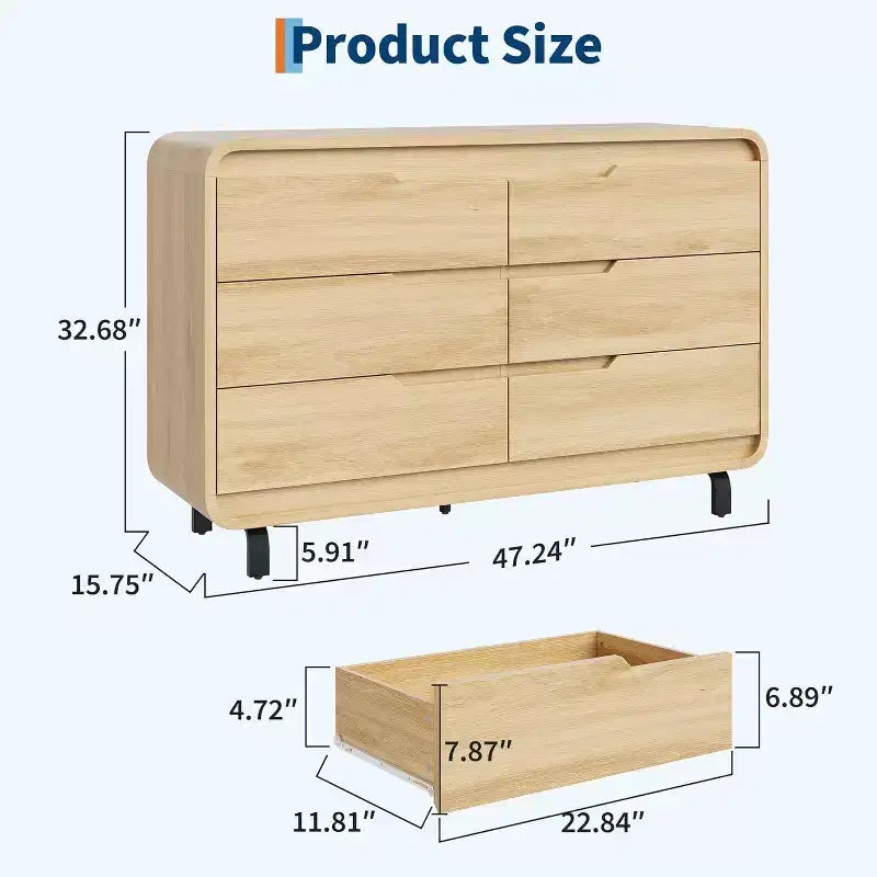 Acekool 6 Drawer Dresser for Bedroom, Modern Wooden Chest of Drawers with Storage for Living Room