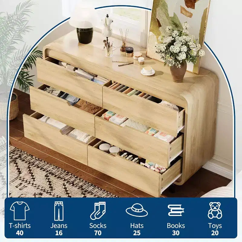 Acekool 6 Drawer Dresser for Bedroom, Modern Wooden Chest of Drawers with Storage for Living Room