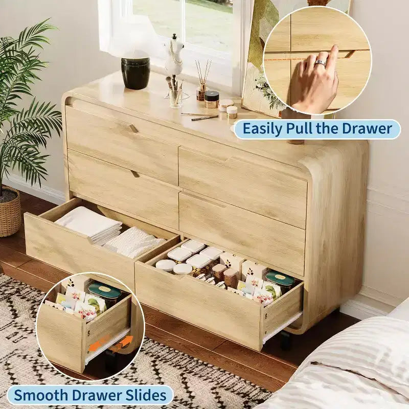 Acekool 6 Drawer Dresser for Bedroom, Modern Wooden Chest of Drawers with Storage for Living Room