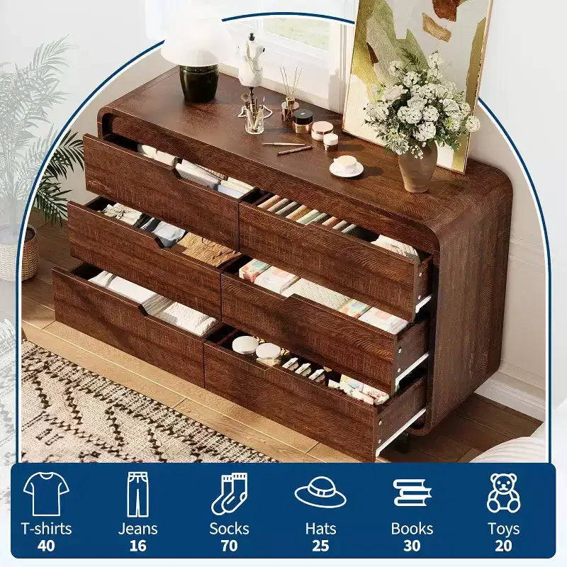 Acekool 6 Drawer Dresser for Bedroom, Modern Wooden Chest of Drawers with Storage for Living Room