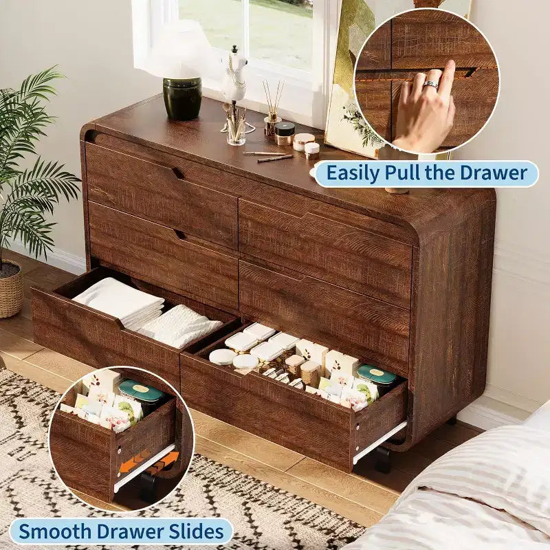 Acekool 6 Drawer Dresser for Bedroom, Modern Wooden Chest of Drawers with Storage for Living Room