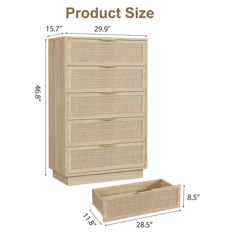 5 Drawer Rattan Dresser for Bedroom, Integrated Cabinet Body & Legs Design, Wooden Chest of Drawers for Hallways, Entryways and Closet