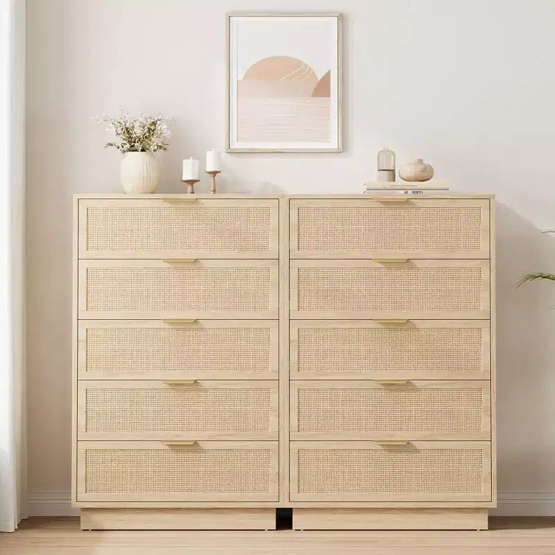 5 Drawer Rattan Dresser for Bedroom, Integrated Cabinet Body & Legs Design, Wooden Chest of Drawers for Hallways, Entryways and Closet