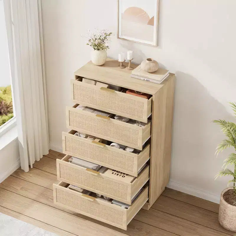 5 Drawer Rattan Dresser for Bedroom, Integrated Cabinet Body & Legs Design, Wooden Chest of Drawers for Hallways, Entryways and Closet