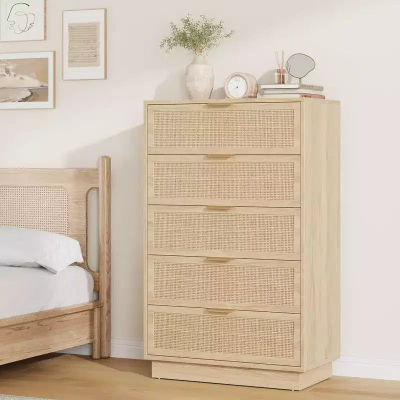 5 Drawer Rattan Dresser for Bedroom, Integrated Cabinet Body & Legs Design, Wooden Chest of Drawers for Hallways, Entryways and Closet