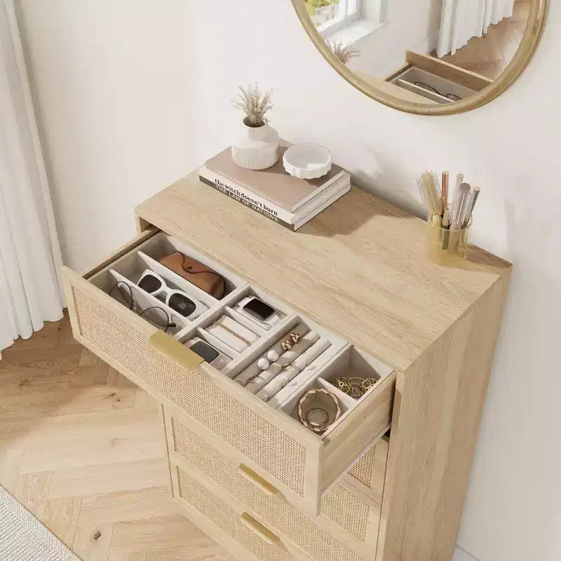 5 Drawer Rattan Dresser for Bedroom, Integrated Cabinet Body & Legs Design, Wooden Chest of Drawers for Hallways, Entryways and Closet