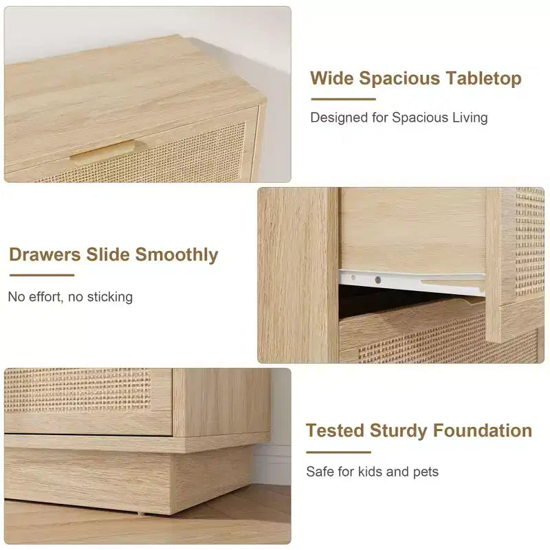 5 Drawer Rattan Dresser for Bedroom, Integrated Cabinet Body & Legs Design, Wooden Chest of Drawers for Hallways, Entryways and Closet