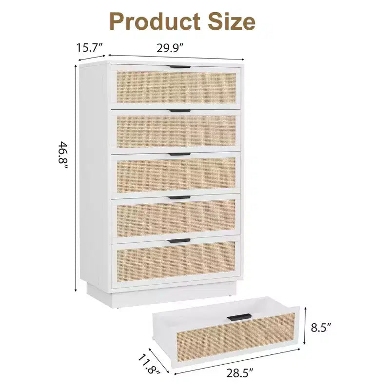 5 Drawer Rattan Dresser for Bedroom, Integrated Cabinet Body & Legs Design, Wooden Chest of Drawers for Hallways, Entryways and Closet