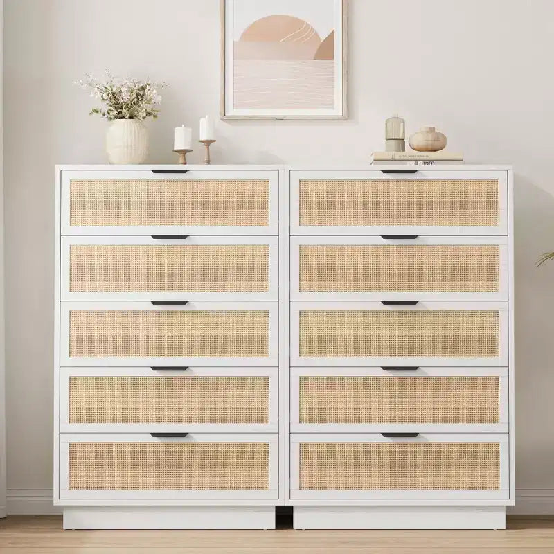 5 Drawer Rattan Dresser for Bedroom, Integrated Cabinet Body & Legs Design, Wooden Chest of Drawers for Hallways, Entryways and Closet