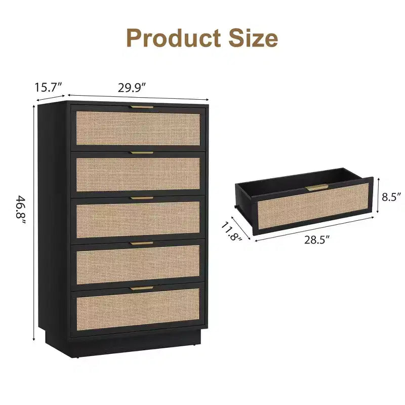 5 Drawer Rattan Dresser for Bedroom, Integrated Cabinet Body & Legs Design, Wooden Chest of Drawers for Hallways, Entryways and Closet