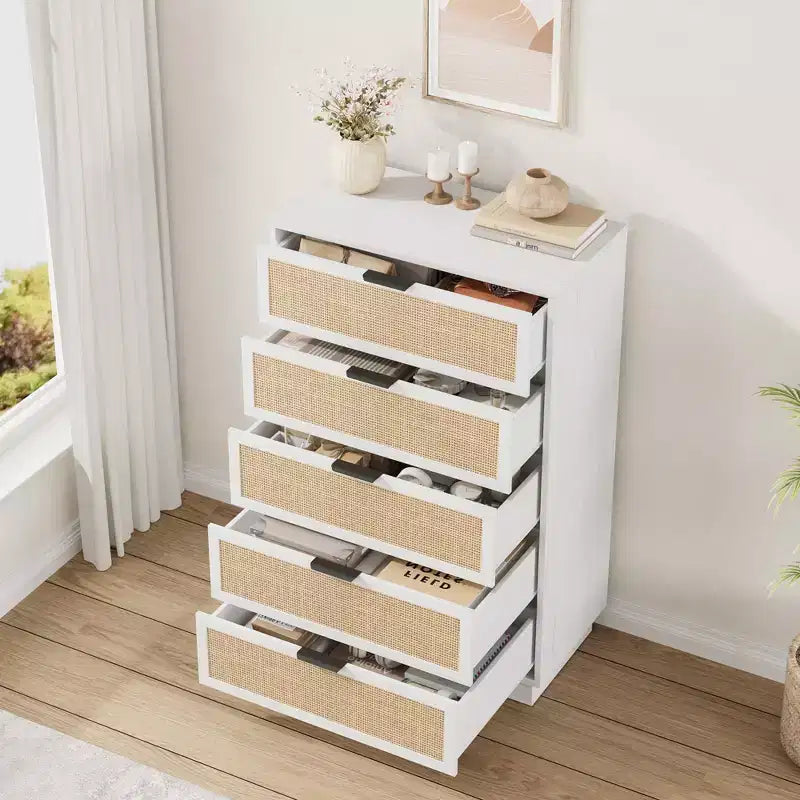 5 Drawer Rattan Dresser for Bedroom, Integrated Cabinet Body & Legs Design, Wooden Chest of Drawers for Hallways, Entryways and Closet