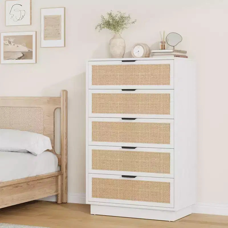 5 Drawer Rattan Dresser for Bedroom, Integrated Cabinet Body & Legs Design, Wooden Chest of Drawers for Hallways, Entryways and Closet
