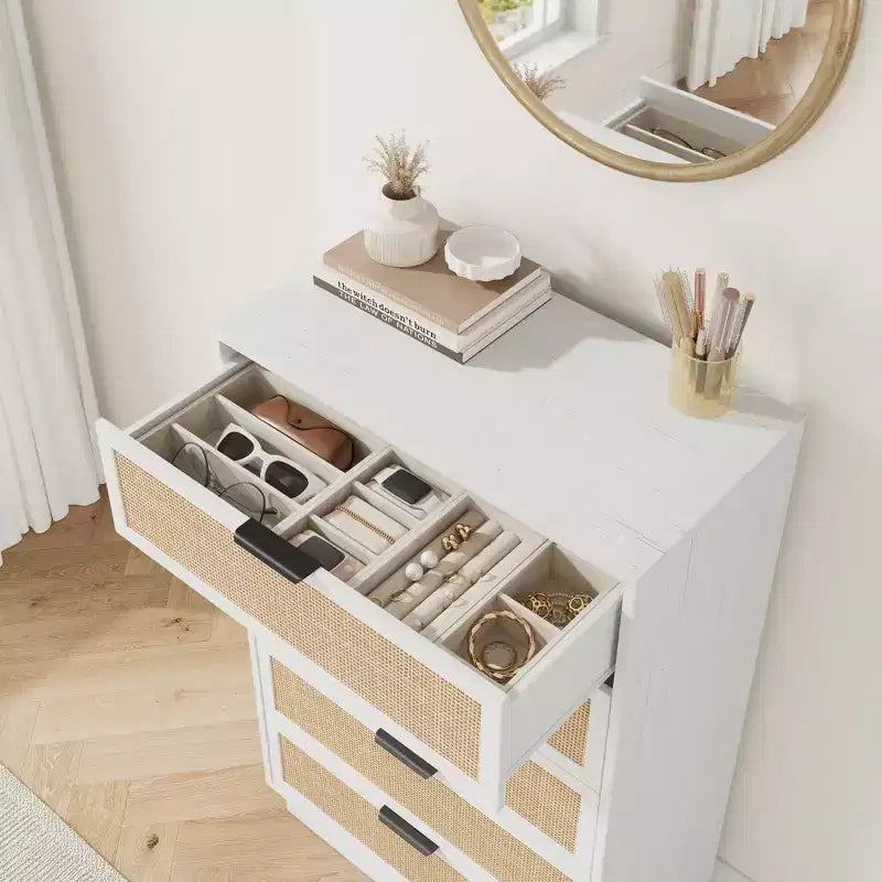 5 Drawer Rattan Dresser for Bedroom, Integrated Cabinet Body & Legs Design, Wooden Chest of Drawers for Hallways, Entryways and Closet