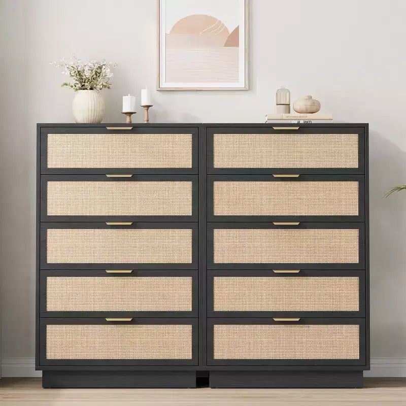 5 Drawer Rattan Dresser for Bedroom, Integrated Cabinet Body & Legs Design, Wooden Chest of Drawers for Hallways, Entryways and Closet