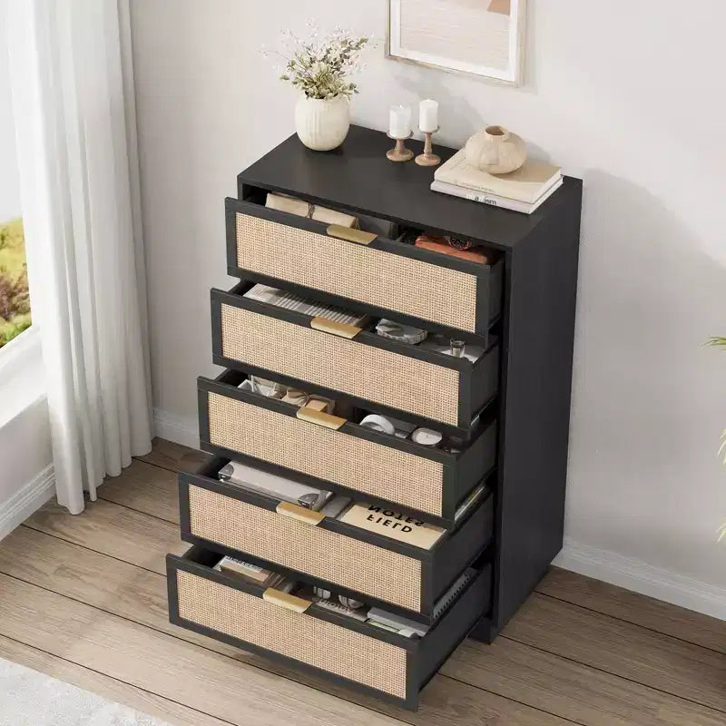 5 Drawer Rattan Dresser for Bedroom, Integrated Cabinet Body & Legs Design, Wooden Chest of Drawers for Hallways, Entryways and Closet