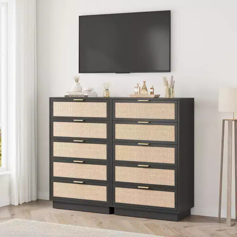 5 Drawer Rattan Dresser for Bedroom, Integrated Cabinet Body & Legs Design, Wooden Chest of Drawers for Hallways, Entryways and Closet
