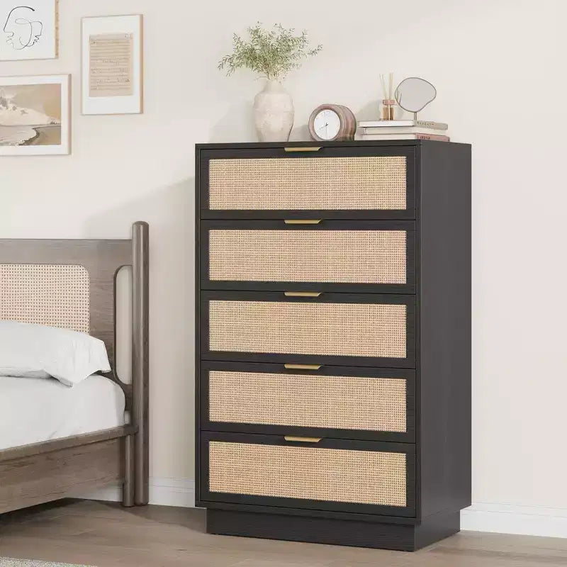 5 Drawer Rattan Dresser for Bedroom, Integrated Cabinet Body & Legs Design, Wooden Chest of Drawers for Hallways, Entryways and Closet