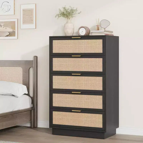 5 Drawer Rattan Dresser for Bedroom, Integrated Cabinet Body & Legs Design, Wooden Chest of Drawers for Hallways, Entryways and Closet