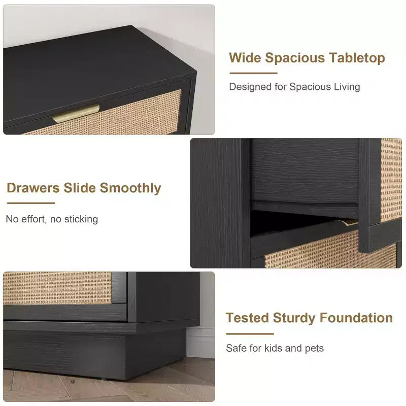 5 Drawer Rattan Dresser for Bedroom, Integrated Cabinet Body & Legs Design, Wooden Chest of Drawers for Hallways, Entryways and Closet