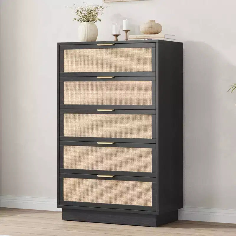 5 Drawer Rattan Dresser for Bedroom, Integrated Cabinet Body & Legs Design, Wooden Chest of Drawers for Hallways, Entryways and Closet