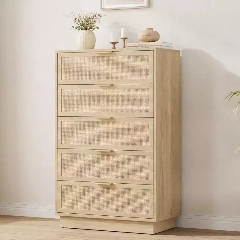 5 Drawer Rattan Dresser for Bedroom, Integrated Cabinet Body & Legs Design, Wooden Chest of Drawers for Hallways, Entryways and Closet