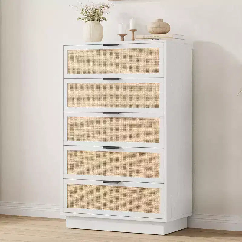 5 Drawer Rattan Dresser for Bedroom, Integrated Cabinet Body & Legs Design, Wooden Chest of Drawers for Hallways, Entryways and Closet