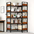 5-Tier Corner Bookshelf, L-Shaped Reversible Bookshelf, 65 Industrial Wooden Bookcase with Open Shelves, Metal Frame Shelf with Adjustable Feet