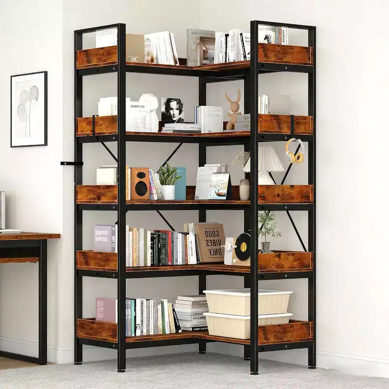 5-Tier Corner Bookshelf, L-Shaped Reversible Bookshelf, 65 Industrial Wooden Bookcase with Open Shelves, Metal Frame Shelf with Adjustable Feet