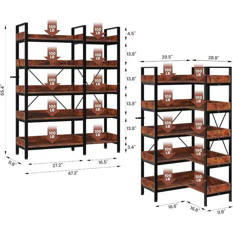 5-Tier Corner Bookshelf, L-Shaped Reversible Bookshelf, 65 Industrial Wooden Bookcase with Open Shelves, Metal Frame Shelf with Adjustable Feet