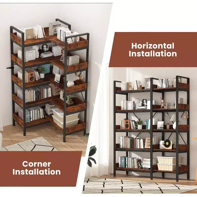 5-Tier Corner Bookshelf, L-Shaped Reversible Bookshelf, 65 Industrial Wooden Bookcase with Open Shelves, Metal Frame Shelf with Adjustable Feet
