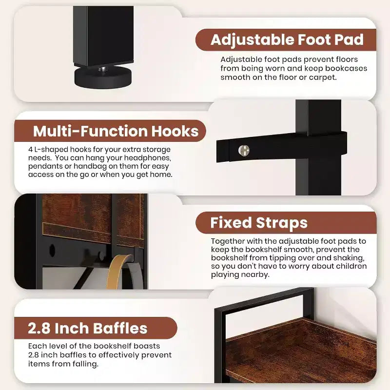 5-Tier Corner Bookshelf, L-Shaped Reversible Bookshelf, 65 Industrial Wooden Bookcase with Open Shelves, Metal Frame Shelf with Adjustable Feet