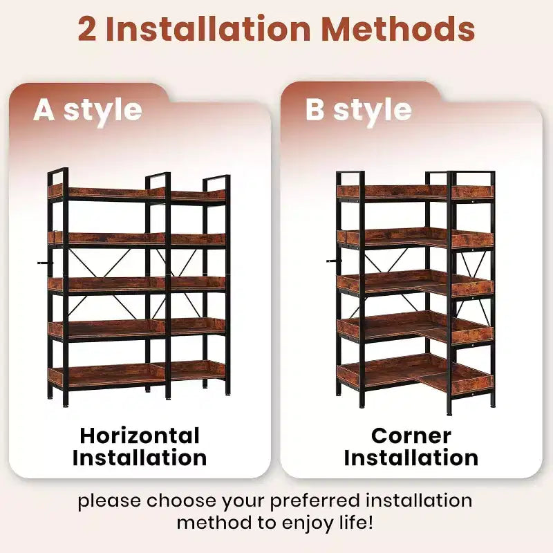 5-Tier Corner Bookshelf, L-Shaped Reversible Bookshelf, 65 Industrial Wooden Bookcase with Open Shelves, Metal Frame Shelf with Adjustable Feet