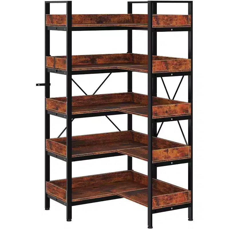 5-Tier Corner Bookshelf, L-Shaped Reversible Bookshelf, 65 Industrial Wooden Bookcase with Open Shelves, Metal Frame Shelf with Adjustable Feet