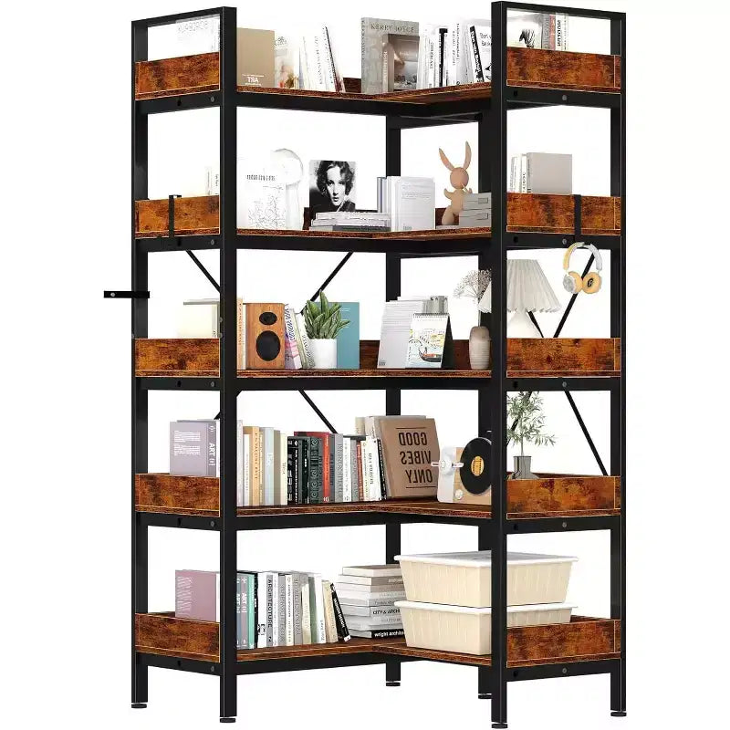 5-Tier Corner Bookshelf, L-Shaped Reversible Bookshelf, 65 Industrial Wooden Bookcase with Open Shelves, Metal Frame Shelf with Adjustable Feet