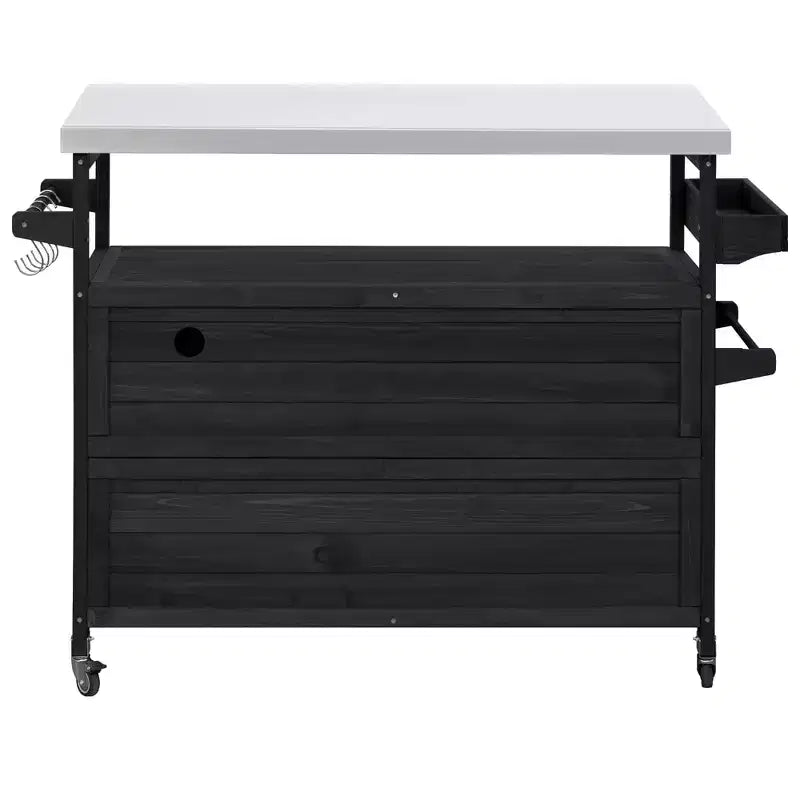 FAMYYT Outdoor Black Stainless Steel Top 50 in. Kitchen Island Cartwith 4-Hook Hanger, Bottle Opener, Spice Rack and Wheels