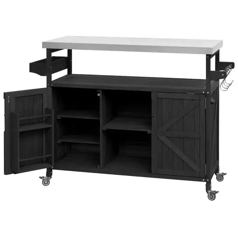 FAMYYT Outdoor Black Stainless Steel Top 50 in. Kitchen Island Cartwith 4-Hook Hanger, Bottle Opener, Spice Rack and Wheels