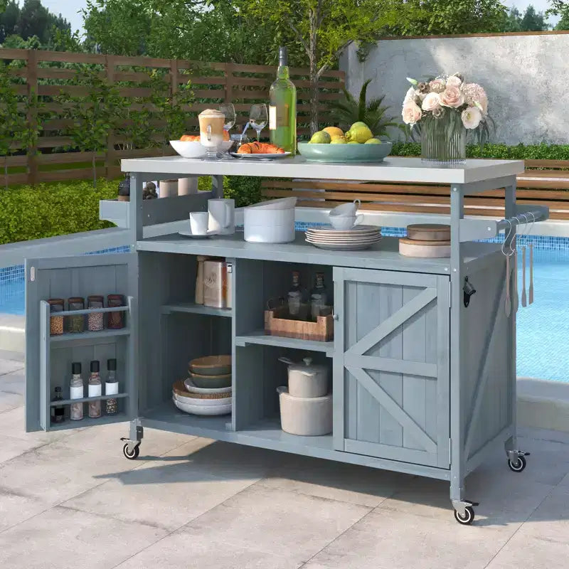 FAMYYT Outdoor Black Stainless Steel Top 50 in. Kitchen Island Cartwith 4-Hook Hanger, Bottle Opener, Spice Rack and Wheels