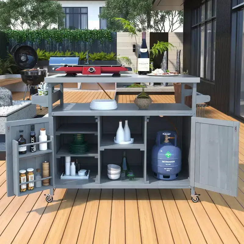FAMYYT Outdoor Black Stainless Steel Top 50 in. Kitchen Island Cartwith 4-Hook Hanger, Bottle Opener, Spice Rack and Wheels