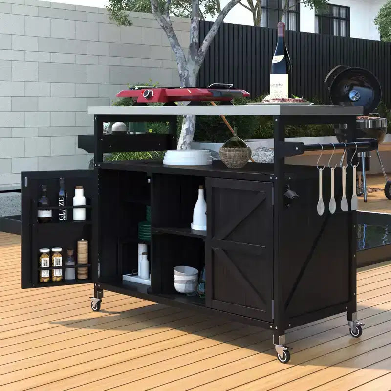 FAMYYT Outdoor Black Stainless Steel Top 50 in. Kitchen Island Cartwith 4-Hook Hanger, Bottle Opener, Spice Rack and Wheels