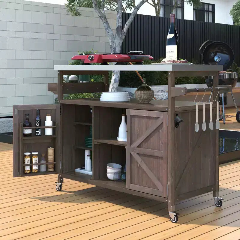 FAMYYT Outdoor Black Stainless Steel Top 50 in. Kitchen Island Cartwith 4-Hook Hanger, Bottle Opener, Spice Rack and Wheels
