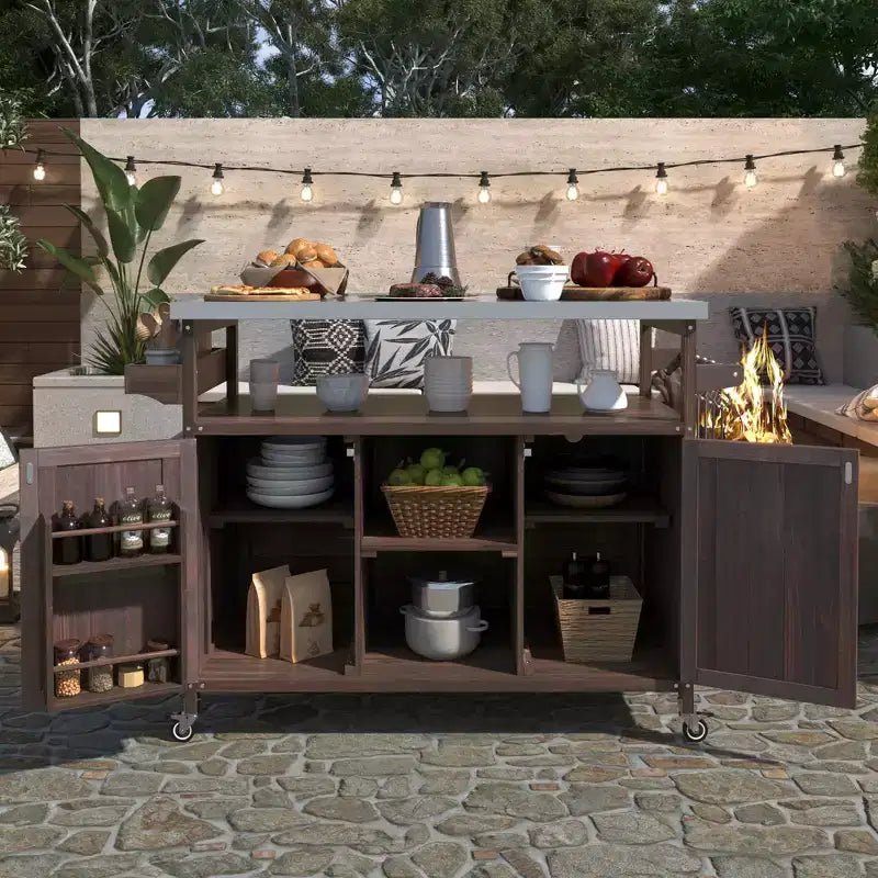 FAMYYT Outdoor Black Stainless Steel Top 50 in. Kitchen Island Cartwith 4-Hook Hanger, Bottle Opener, Spice Rack and Wheels