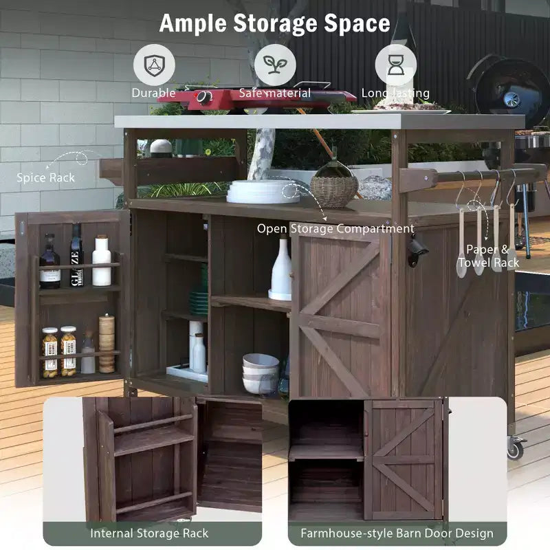 FAMYYT Outdoor Black Stainless Steel Top 50 in. Kitchen Island Cartwith 4-Hook Hanger, Bottle Opener, Spice Rack and Wheels